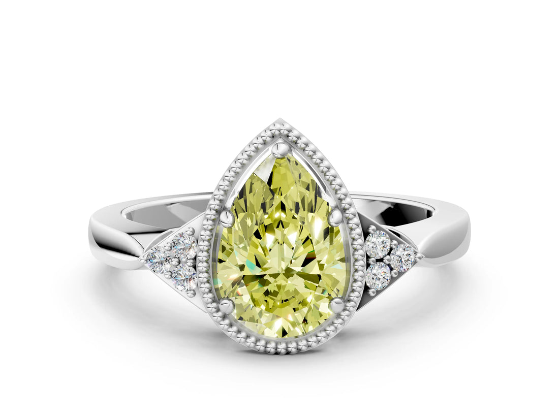 White gold Hexagonal Halo Fancy Yellow Pear Cut Diamond Solitaire with Pavé Band and Four-Prong Setting_15