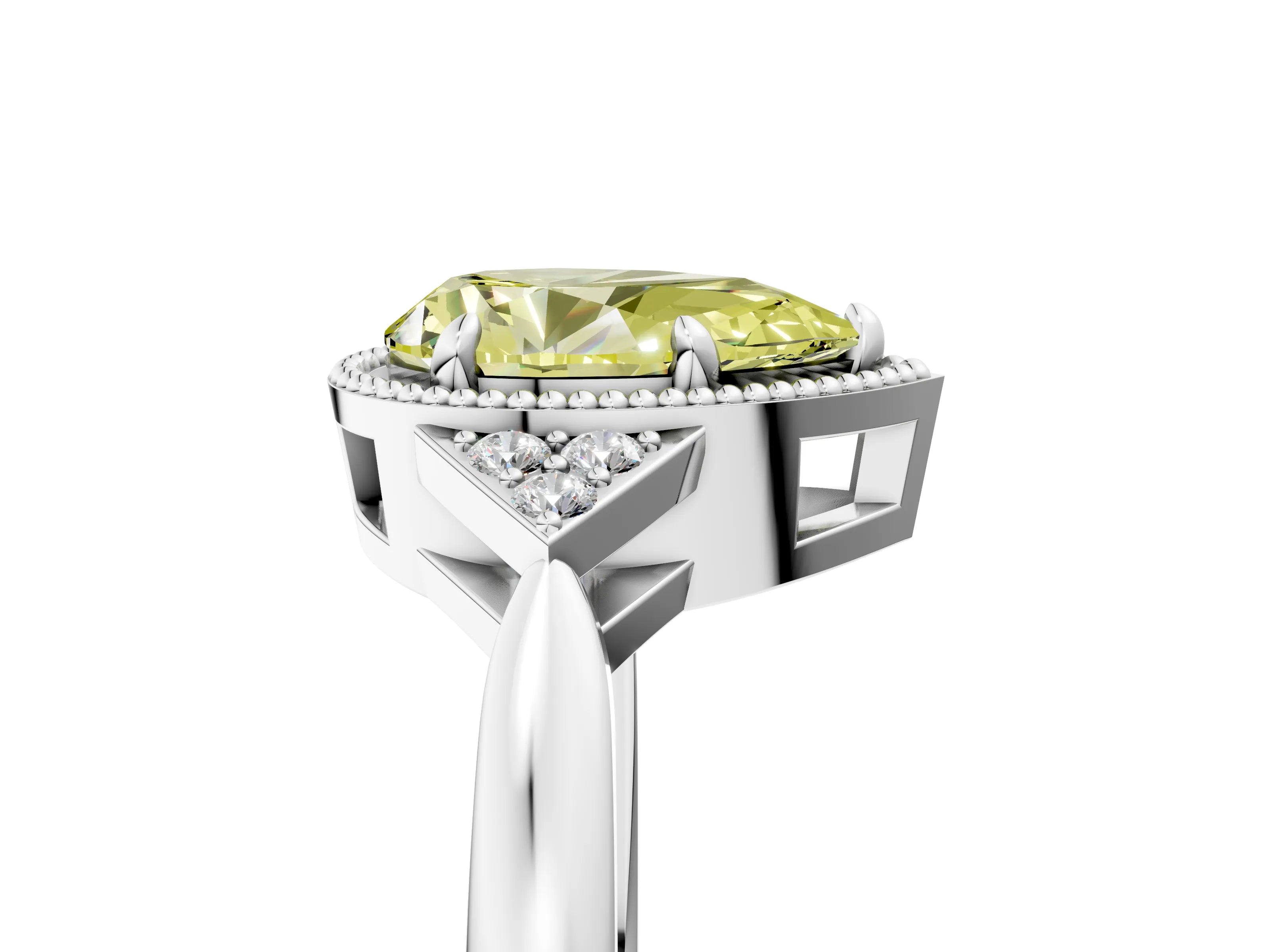 White gold Hexagonal Halo Fancy Yellow Pear Cut Diamond Solitaire with Pavé Band and Four-Prong Setting_8