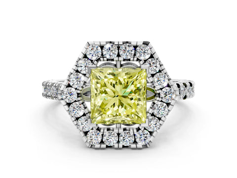 White gold Hexagonal Halo Fancy Yellow Princess Cut Diamond Pavé Band with Four-Prong Setting