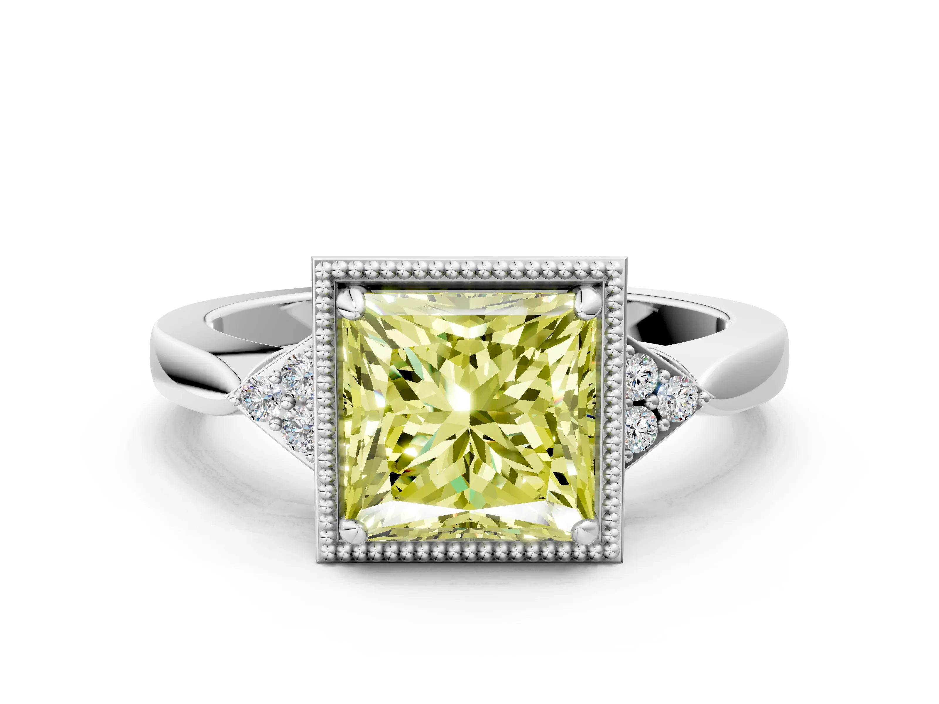 White gold Hexagonal Halo Fancy Yellow Princess Cut Diamond Solitaire with Pavé Band and Four-Prong Setting_15