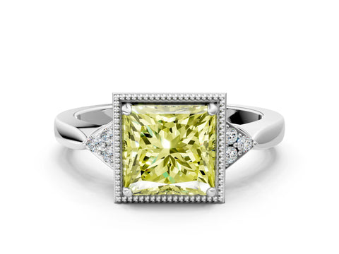 White gold Hexagonal Halo Fancy Yellow Princess Cut Diamond Solitaire with Pavé Band and Four-Prong Setting_3