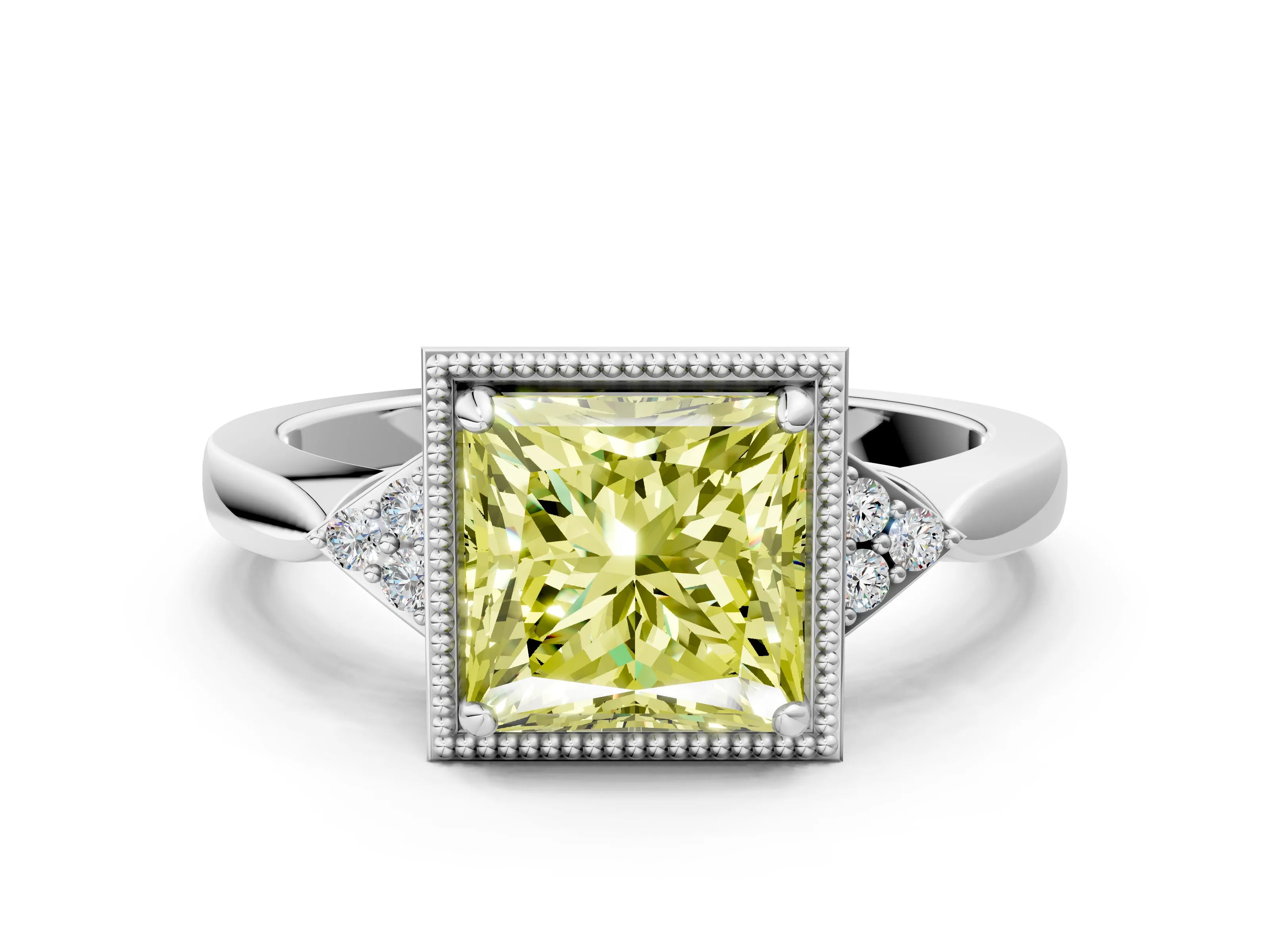 White gold Hexagonal Halo Fancy Yellow Princess Cut Diamond Solitaire with Pavé Band and Four-Prong Setting_3