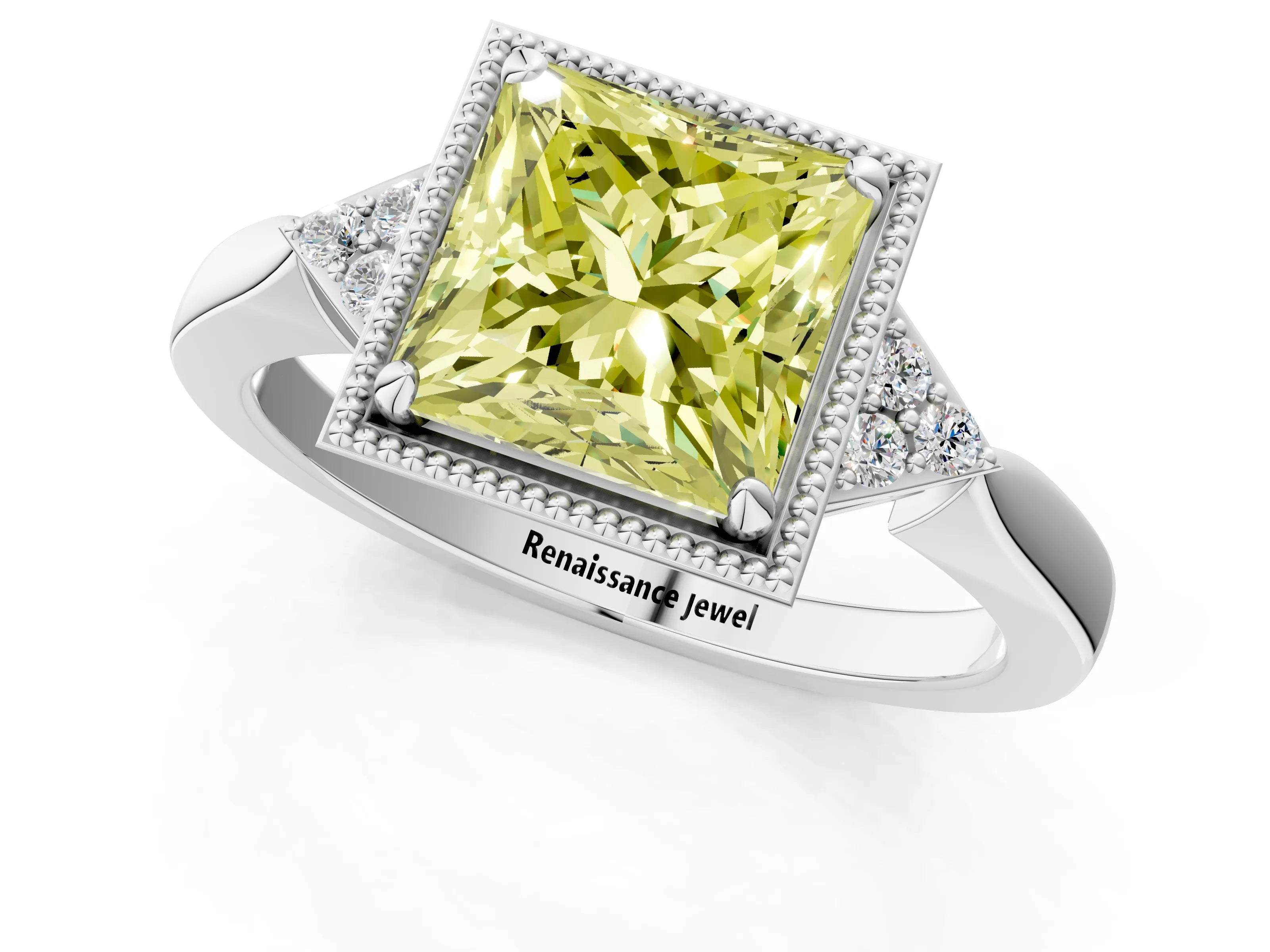 White gold Hexagonal Halo Fancy Yellow Princess Cut Diamond Solitaire with Pavé Band and Four-Prong Setting_4