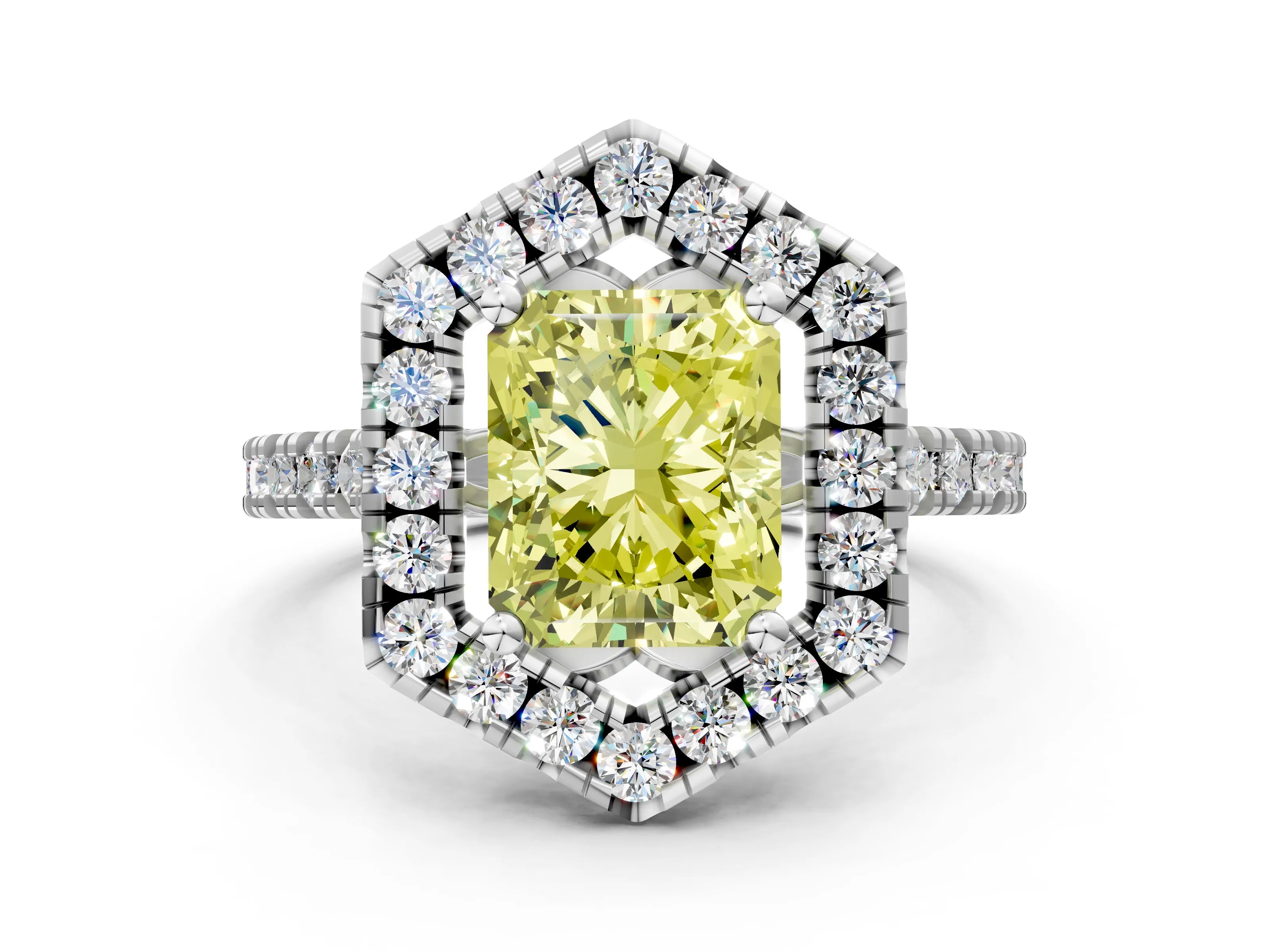 White gold Hexagonal Halo Fancy Yellow Radiant Cut Diamond Pavé Band with Four-Prong Setting