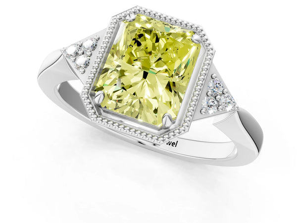 White gold Hexagonal Halo Fancy Yellow Radiant Cut Diamond Solitaire with Pavé Band and Four-Prong Setting