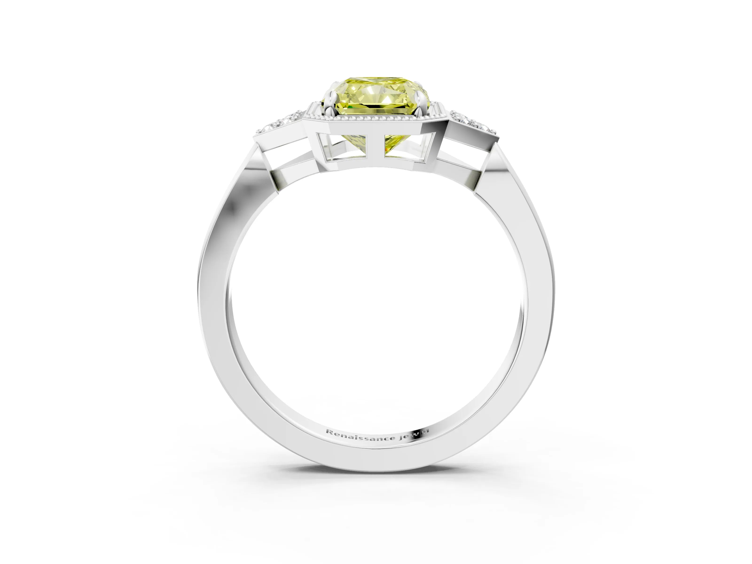 White gold Hexagonal Halo Fancy Yellow Radiant Cut Diamond Solitaire with Pavé Band and Four-Prong Setting_18
