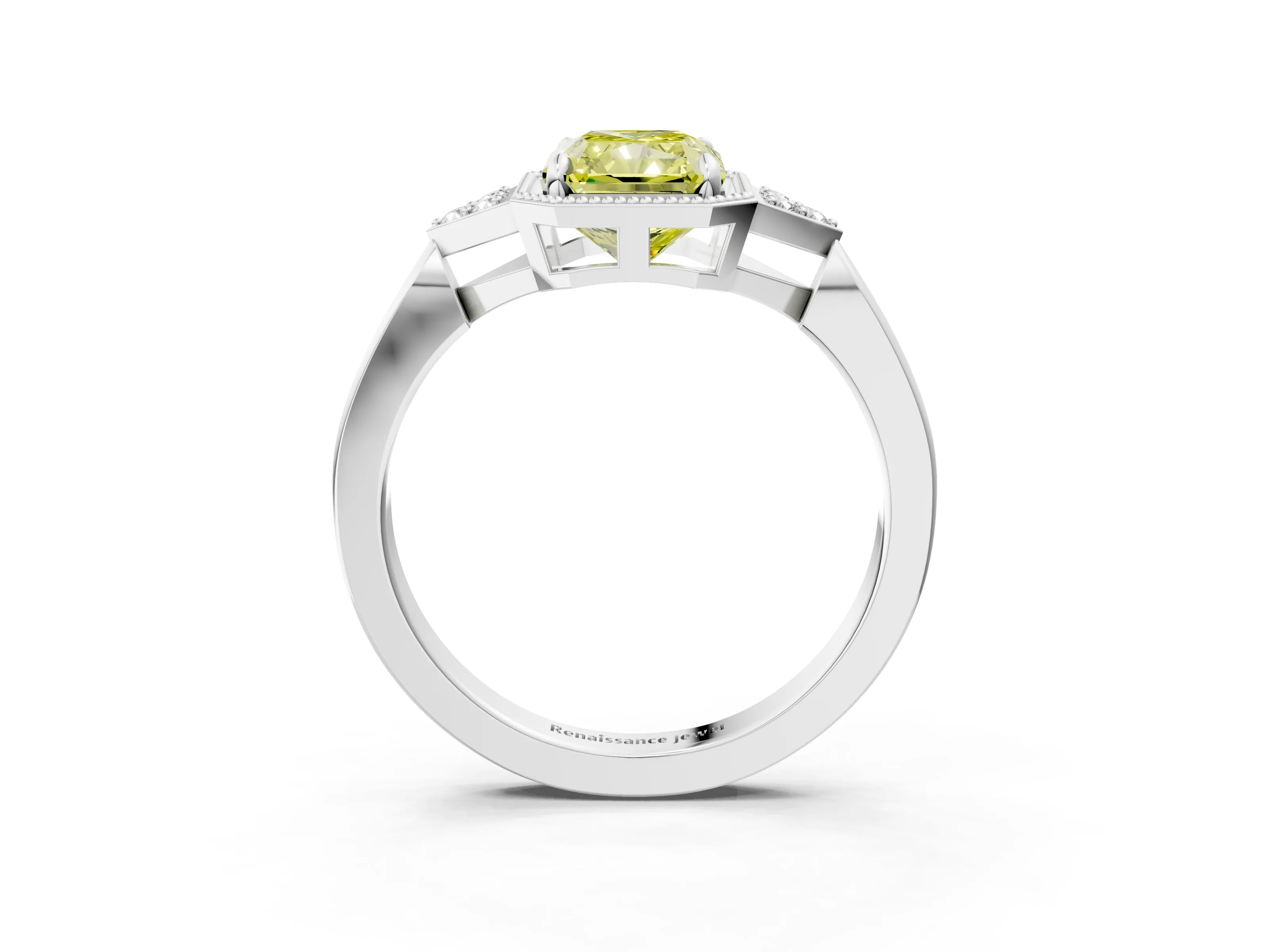 White gold Hexagonal Halo Fancy Yellow Radiant Cut Diamond Solitaire with Pavé Band and Four-Prong Setting_6