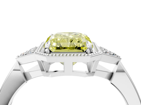 White gold Hexagonal Halo Fancy Yellow Radiant Cut Diamond Solitaire with Pavé Band and Four-Prong Setting_7