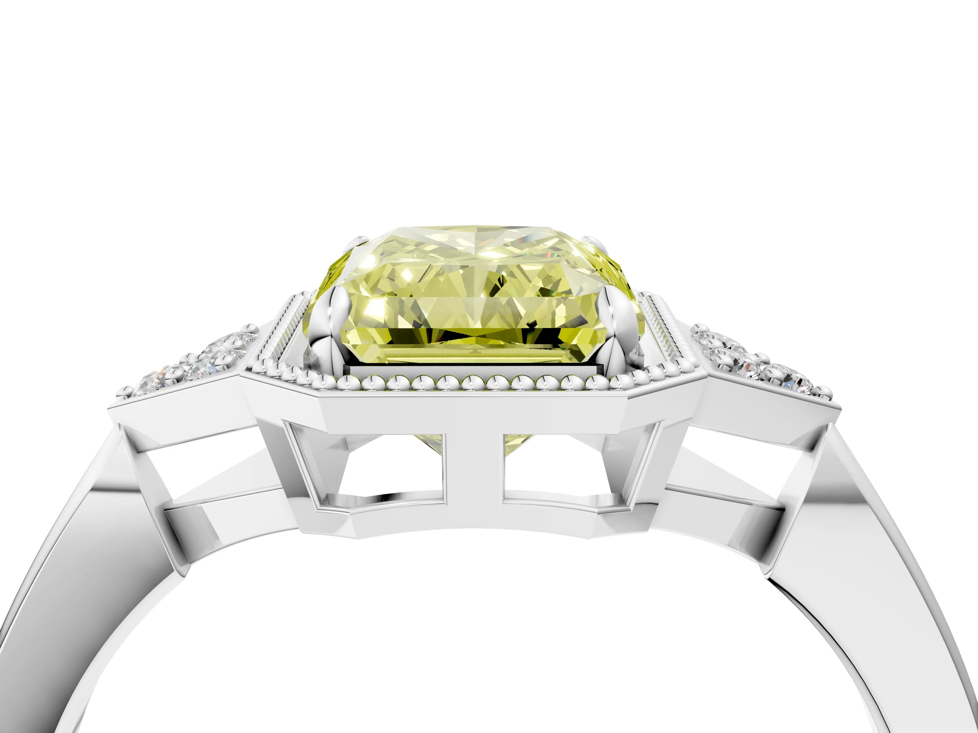 White gold Hexagonal Halo Fancy Yellow Radiant Cut Diamond Solitaire with Pavé Band and Four-Prong Setting_7
