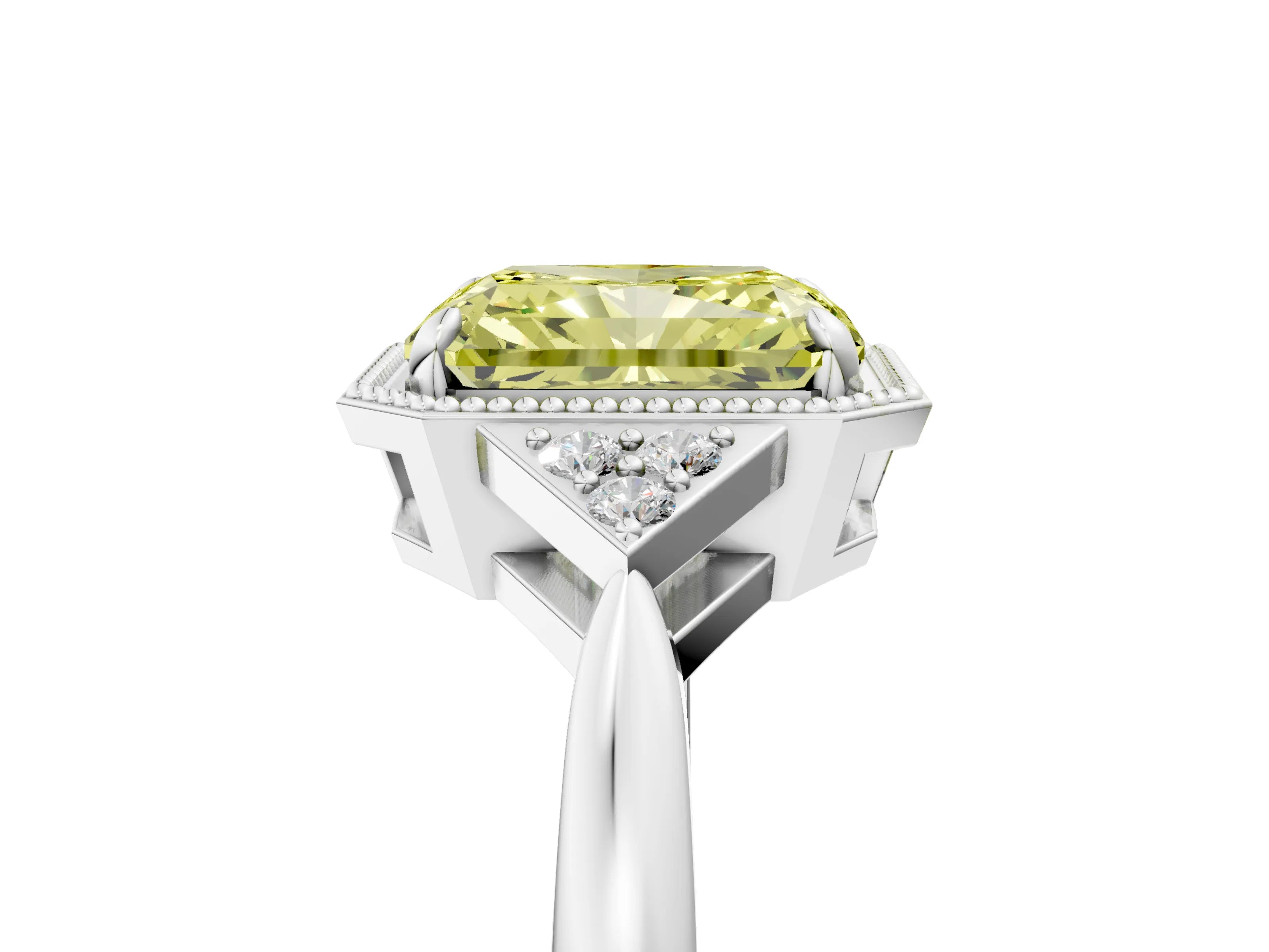 White gold Hexagonal Halo Fancy Yellow Radiant Cut Diamond Solitaire with Pavé Band and Four-Prong Setting_8