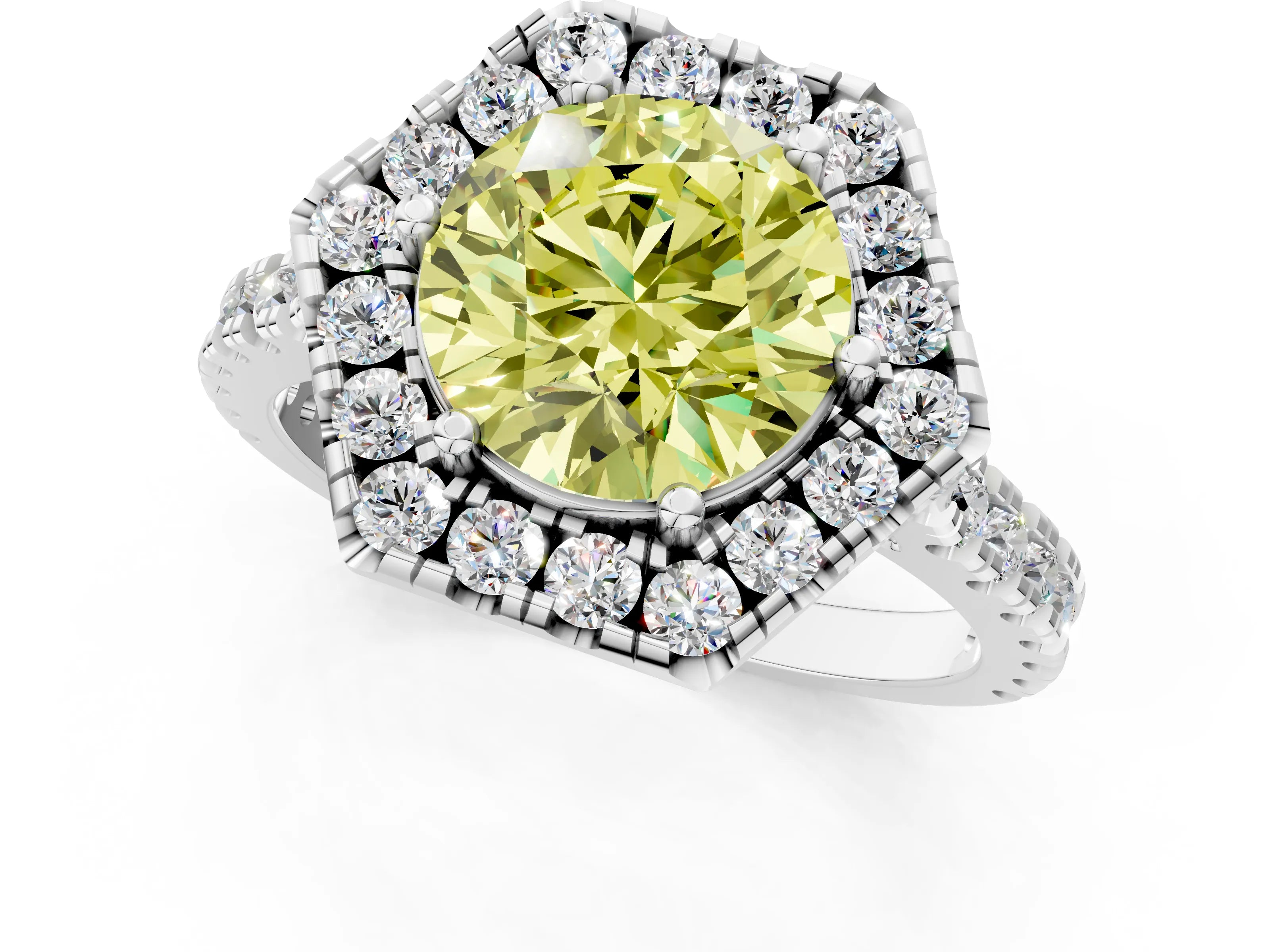 White gold Hexagonal Halo Fancy Yellow Round Cut Diamond Pavé Band with Four-Prong Setting_13