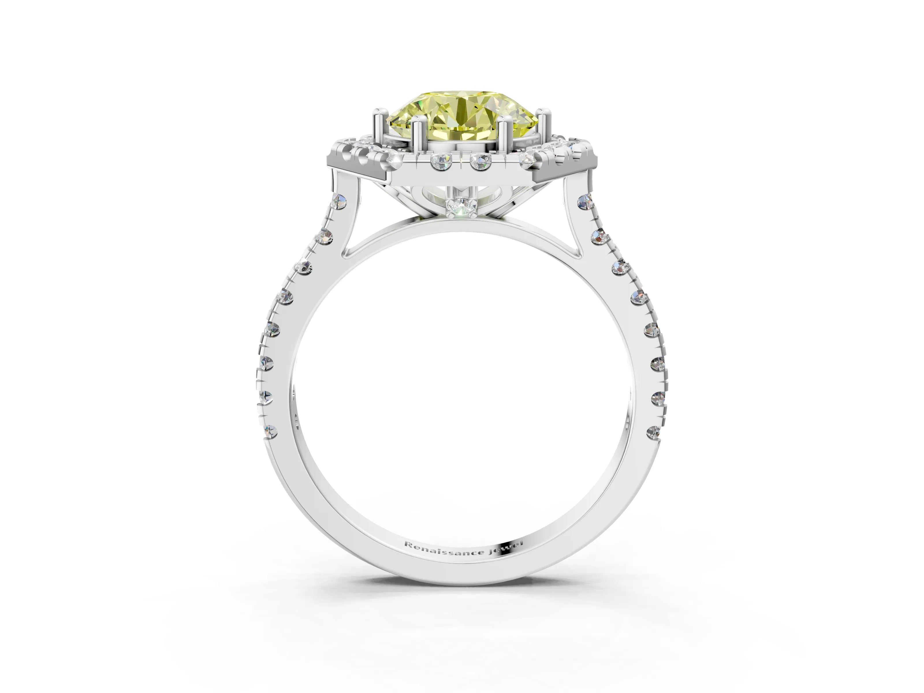 White gold Hexagonal Halo Fancy Yellow Round Cut Diamond Pavé Band with Four-Prong Setting_15
