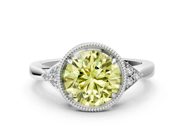White gold Hexagonal Halo Fancy Yellow Round Cut Diamond Solitaire with Pavé Band and Four-Prong Setting