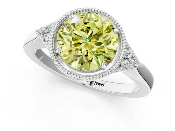 White gold Hexagonal Halo Fancy Yellow Round Cut Diamond Solitaire with Pavé Band and Four-Prong Setting