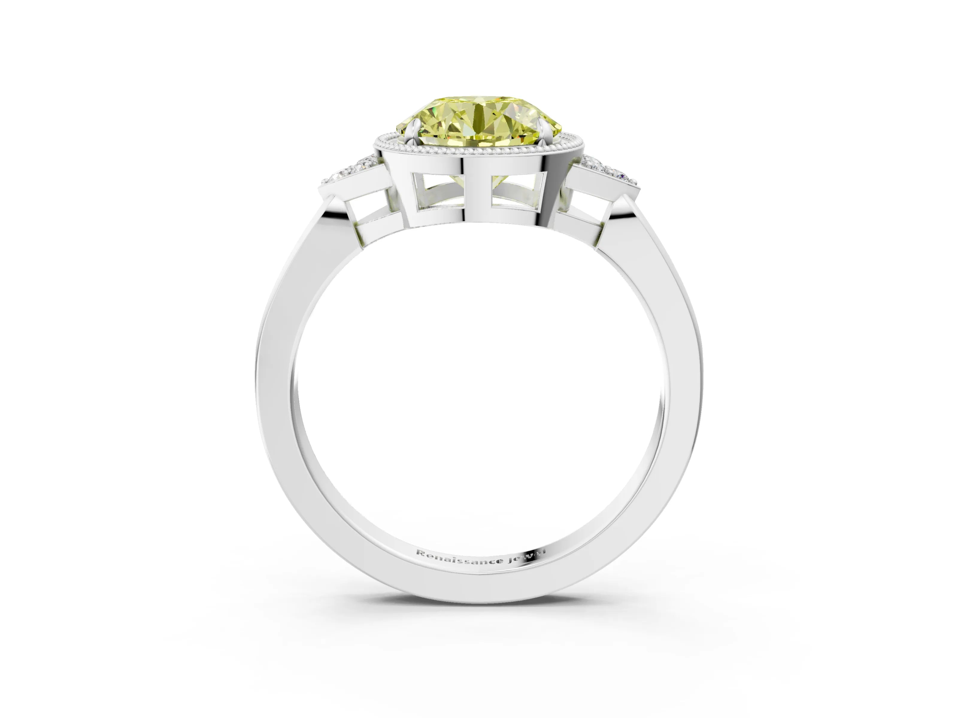White gold Hexagonal Halo Fancy Yellow Round Cut Diamond Solitaire with Pavé Band and Four-Prong Setting_18