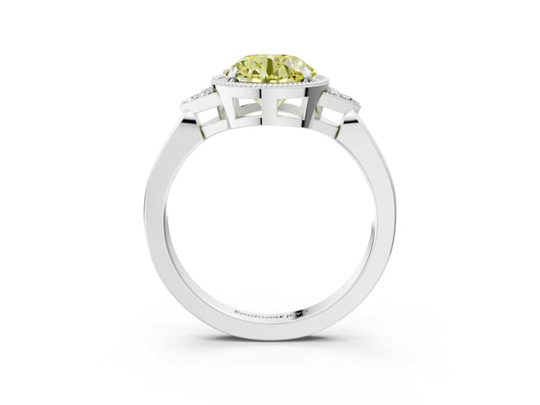 White gold Hexagonal Halo Fancy Yellow Round Cut Diamond Solitaire with Pavé Band and Four-Prong Setting