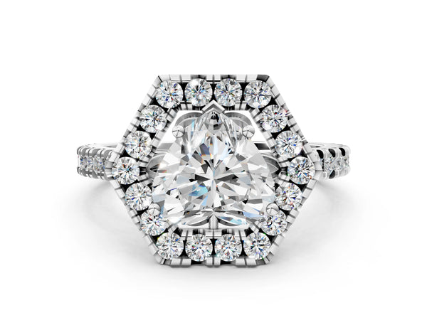 White gold Hexagonal Halo Heart Cut Diamond Pavé Band with Four-Prong Setting