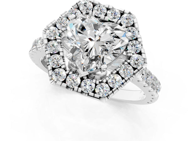 White gold Hexagonal Halo Heart Cut Diamond Pavé Band with Four-Prong Setting