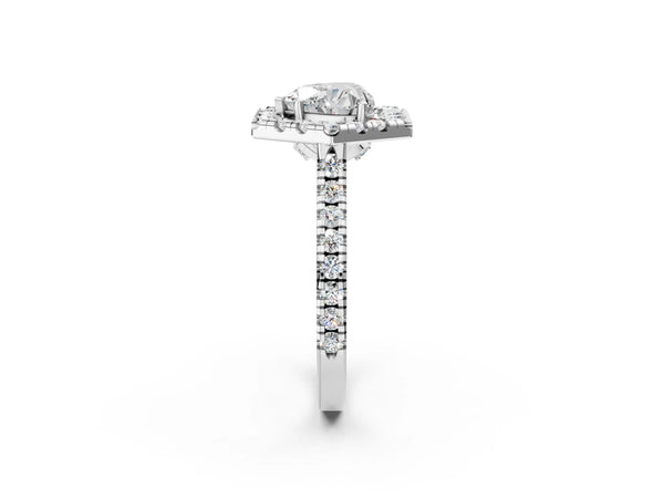 White gold Hexagonal Halo Heart Cut Diamond Pavé Band with Four-Prong Setting