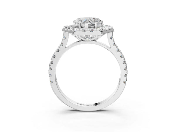 White gold Hexagonal Halo Heart Cut Diamond Pavé Band with Four-Prong Setting