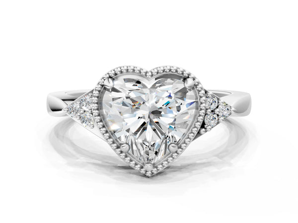 Platinum Hexagonal Halo Heart Cut Diamond Solitaire with Pavé Band and Four-Prong Setting