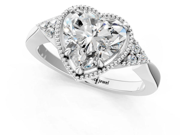 Platinum Hexagonal Halo Heart Cut Diamond Solitaire with Pavé Band and Four-Prong Setting