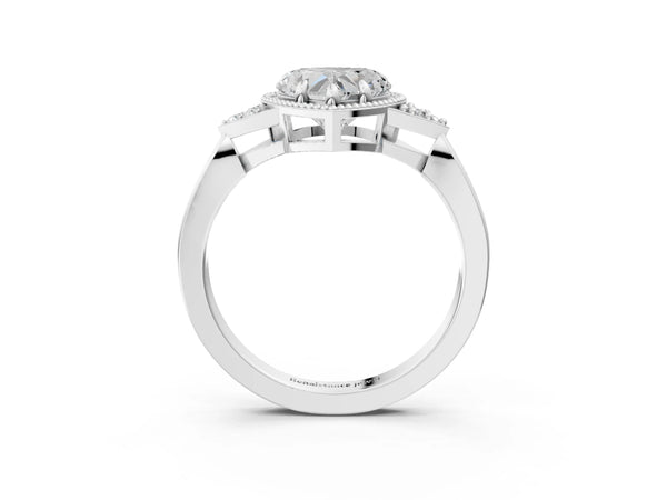 Platinum Hexagonal Halo Heart Cut Diamond Solitaire with Pavé Band and Four-Prong Setting