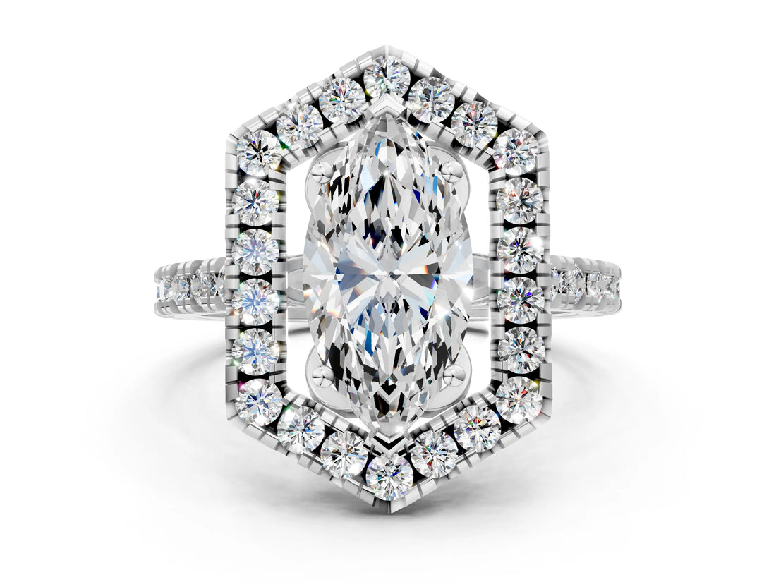 White gold Hexagonal Halo Marquise Cut Diamond Pavé Band with Four-Prong Setting_3