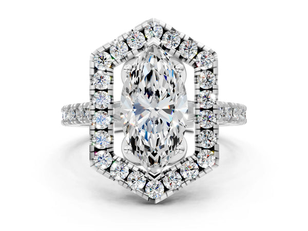 White gold Hexagonal Halo Marquise Cut Diamond Pavé Band with Four-Prong Setting