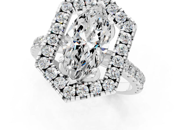 White gold Hexagonal Halo Marquise Cut Diamond Pavé Band with Four-Prong Setting