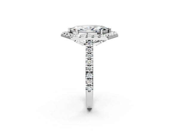 White gold Hexagonal Halo Marquise Cut Diamond Pavé Band with Four-Prong Setting