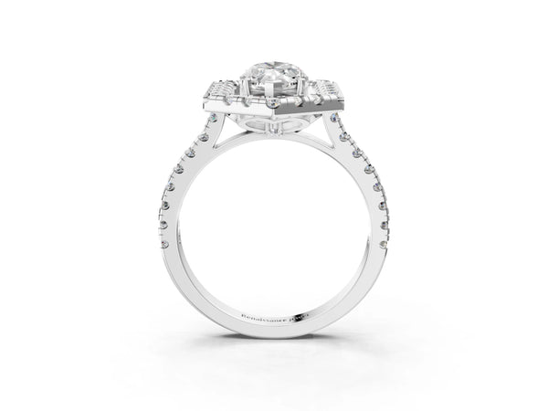 White gold Hexagonal Halo Marquise Cut Diamond Pavé Band with Four-Prong Setting