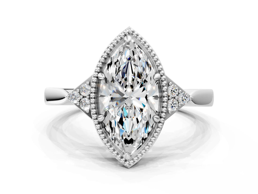 White gold Hexagonal Halo Marquise Cut Diamond Solitaire with Pavé Band and Four-Prong Setting_3
