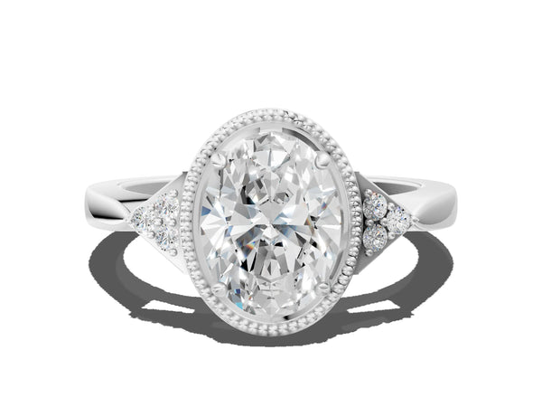 Platinum Hexagonal Halo Oval Cut Diamond Solitaire with Pavé Band and Four-Prong Setting