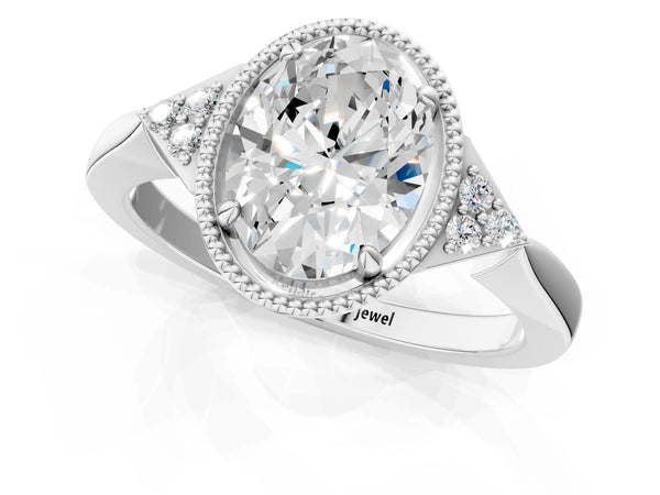 Platinum Hexagonal Halo Oval Cut Diamond Solitaire with Pavé Band and Four-Prong Setting