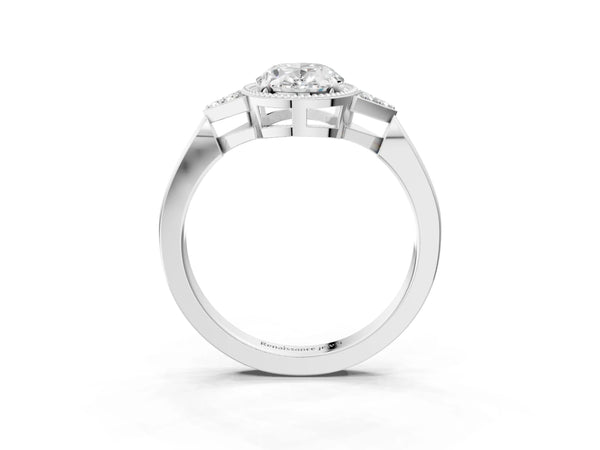 Platinum Hexagonal Halo Oval Cut Diamond Solitaire with Pavé Band and Four-Prong Setting