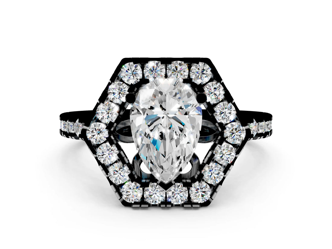 White gold Hexagonal Halo Pear Cut Diamond Pavé Band with Four-Prong Setting_3