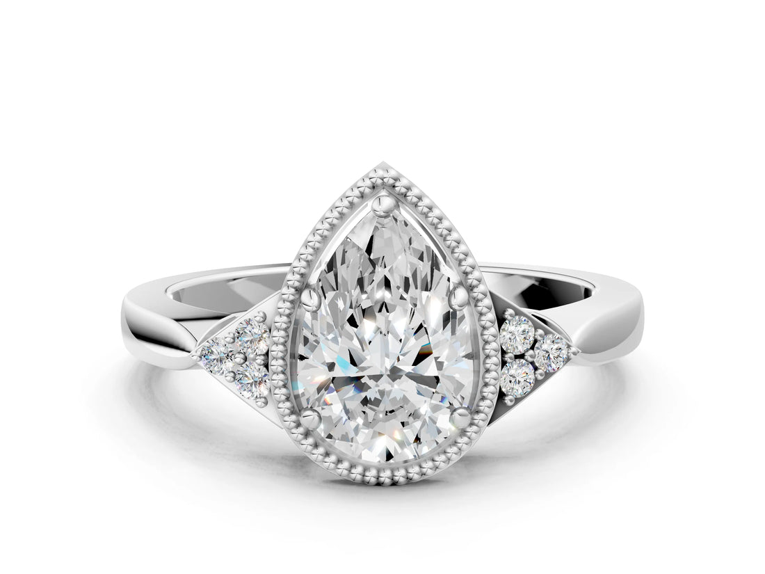 White gold Hexagonal Halo Pear Cut Diamond Solitaire with Pavé Band and Four-Prong Setting_3