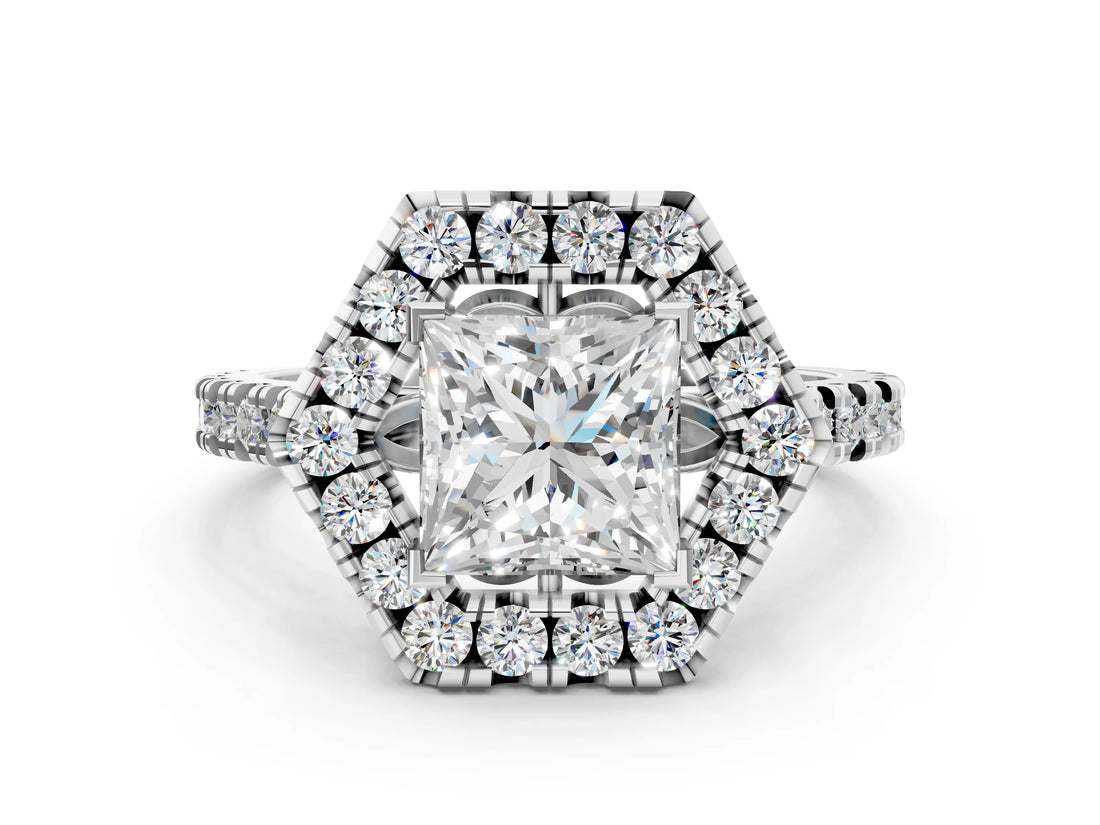 White gold Hexagonal Halo Princess Cut Diamond Pavé Band with Four-Prong Setting_3