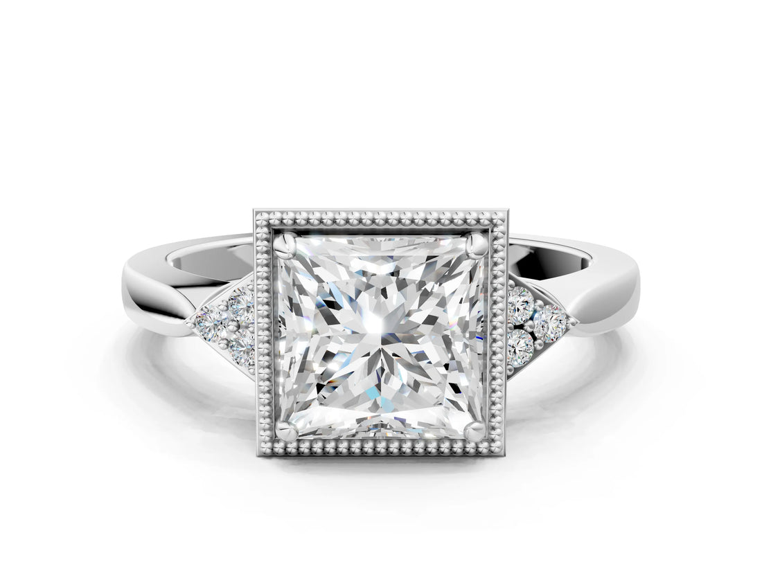 White gold Hexagonal Halo Princess Cut Diamond Solitaire with Pavé Band and Four-Prong Setting_3