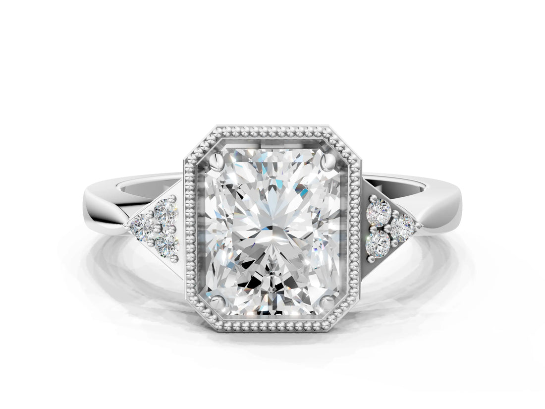 White gold Hexagonal Halo Radiant Cut Diamond Solitaire with Pavé Band and Four-Prong Setting_3