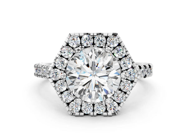 White gold Hexagonal Halo Round Diamond Pavé Band with Four-Prong Setting