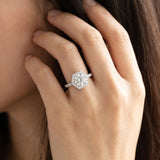 14K White Gold Hexagonal Halo 4.92 Carat E VVS2 Round Diamond Pavé Band with Four-Prong Setting