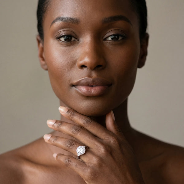 Platinum Hexagonal Halo Round Diamond Solitaire with Pavé Band and Four-Prong Setting