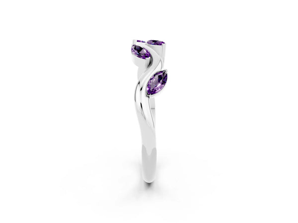 Platinum Marquise Amethyst Twisted Vine Wedding Band with Leaf-Set Stones