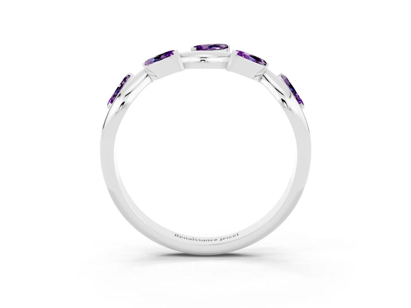 Platinum Marquise Amethyst Twisted Vine Wedding Band with Leaf-Set Stones