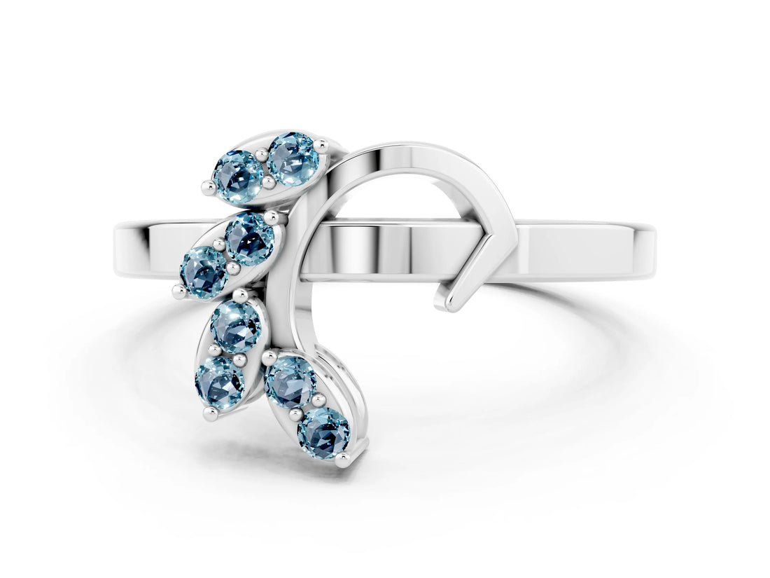 White gold Marquise Aquamarine Cluster Bypass Ring with Prong Setting_6