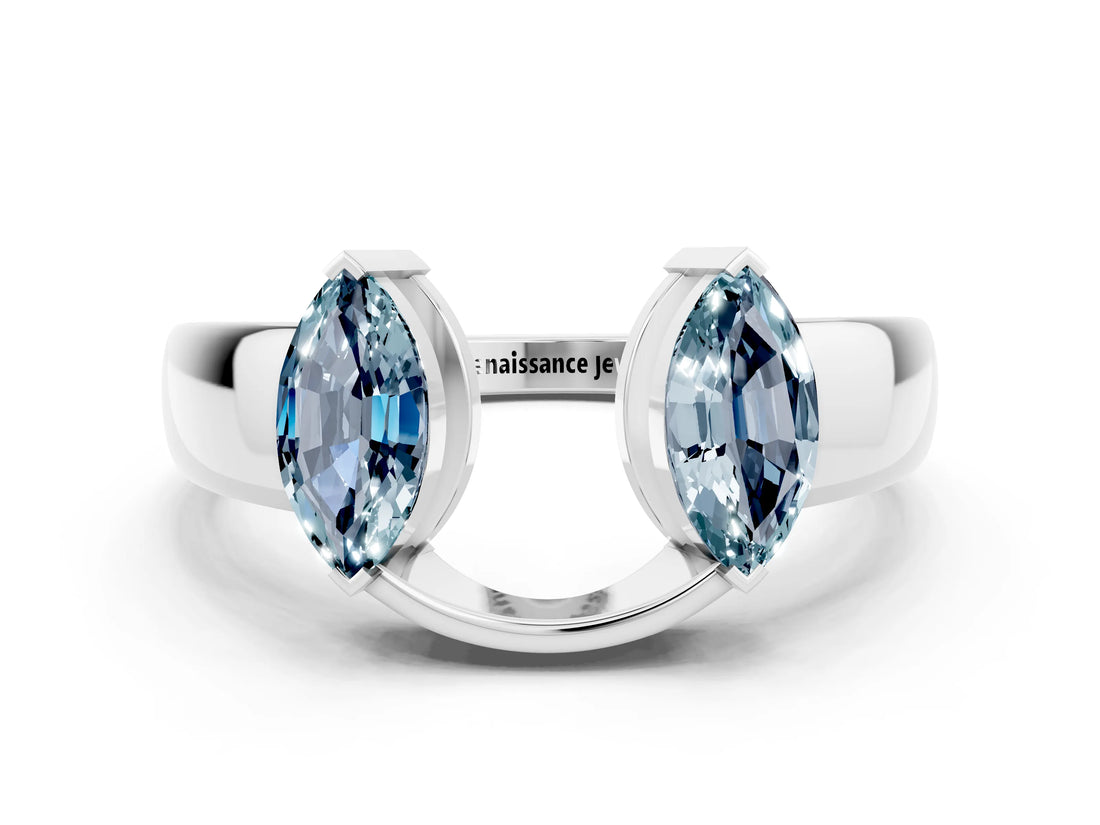 White gold Marquise Aquamarine Open Band Ring with Tension Setting_6