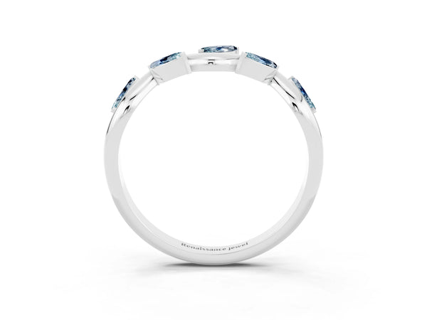 Platinum Marquise Aquamarine Twisted Vine Wedding Band with Leaf-Set Stones