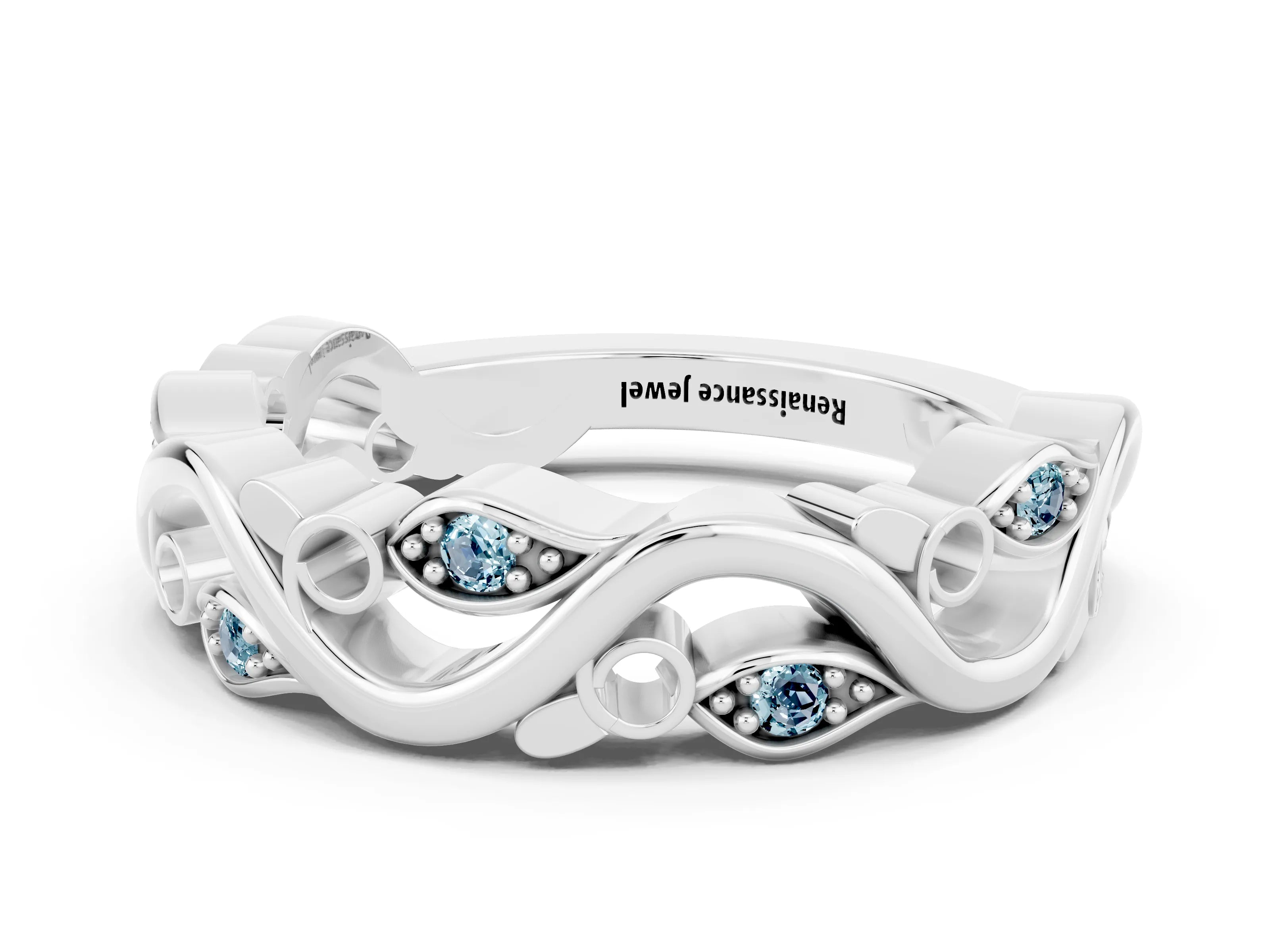 White gold Marquise Aquamarine Vine Eternity Band with Bezel Setting_30